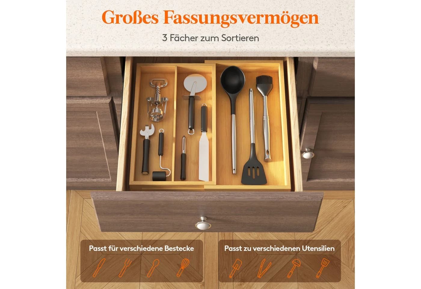 Lifewit Besteckeinsatz Erweiterbarer Besteckaufbewahrung 2-3 Fächer Beige - Bild 4