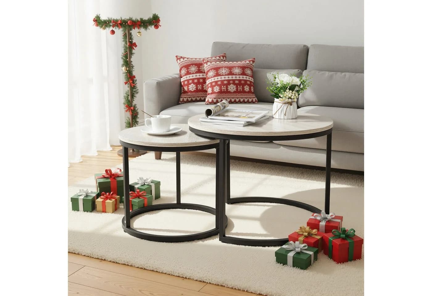 HawthyHome Couchtisch 2er-Set Rund Holz Metall Modern - Bild 2