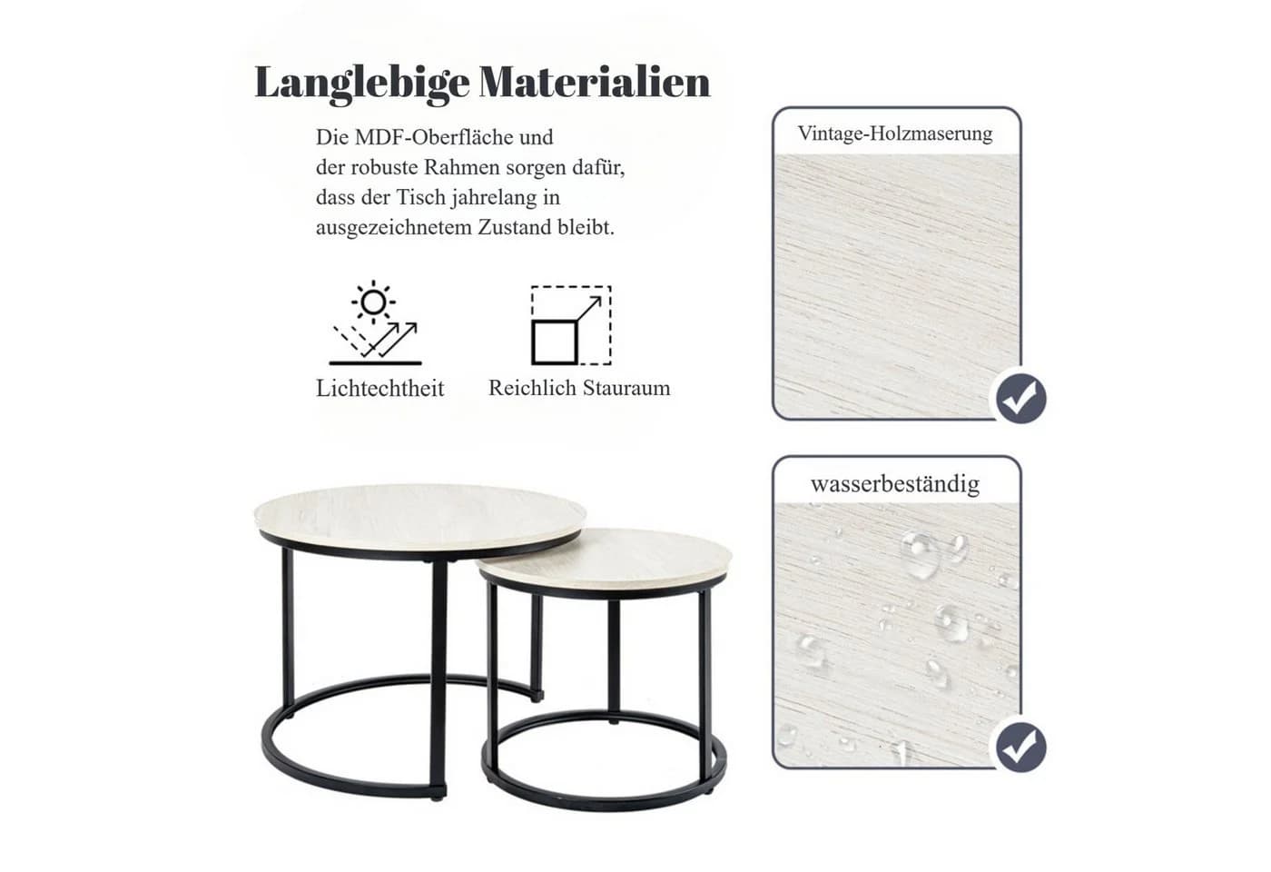 HawthyHome Couchtisch 2er-Set Rund Holz Metall Modern - Bild 5