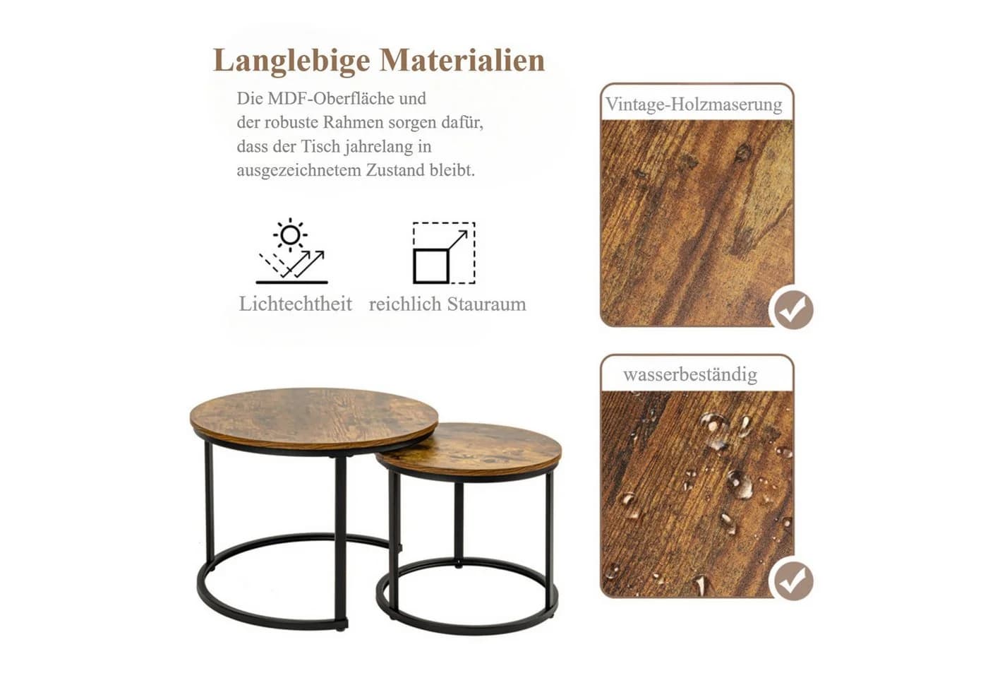 HawthyHome Couchtisch 2er-Set Braun Holz & Metall Modern - Bild 4