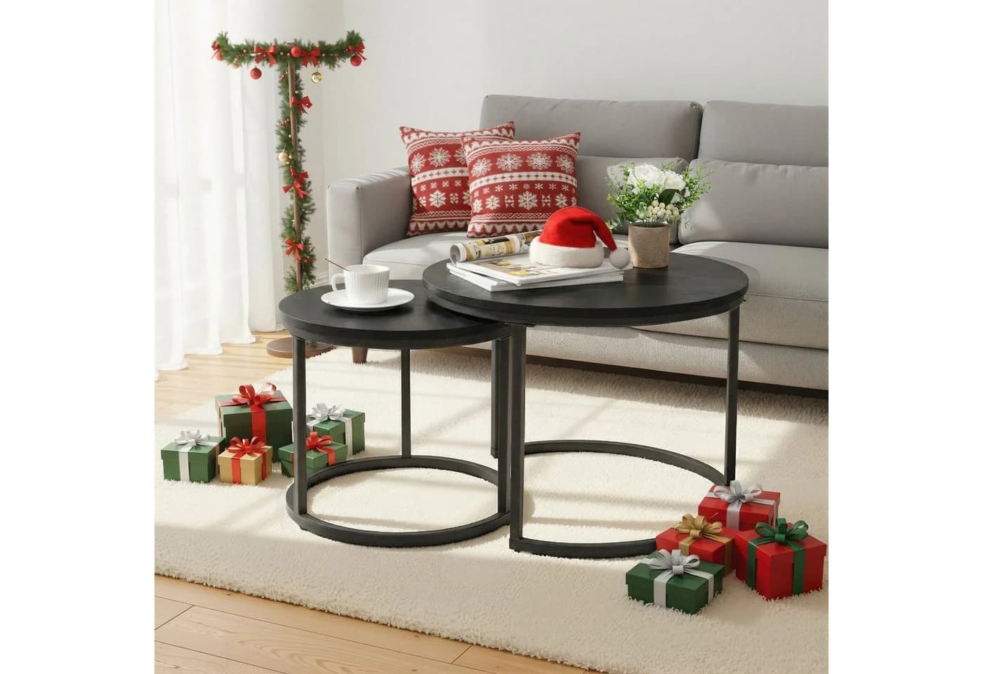 HawthyHome Couchtisch 2er-Set Runde Beistelltische Holz Metall Modern - Bild 2