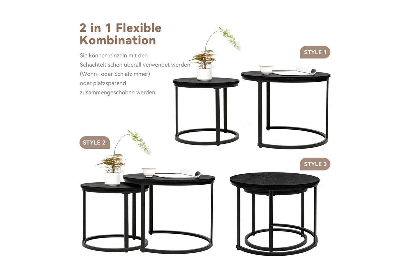 HawthyHome Couchtisch 2er-Set Runde Beistelltische Holz Metall Modern - Bild 4