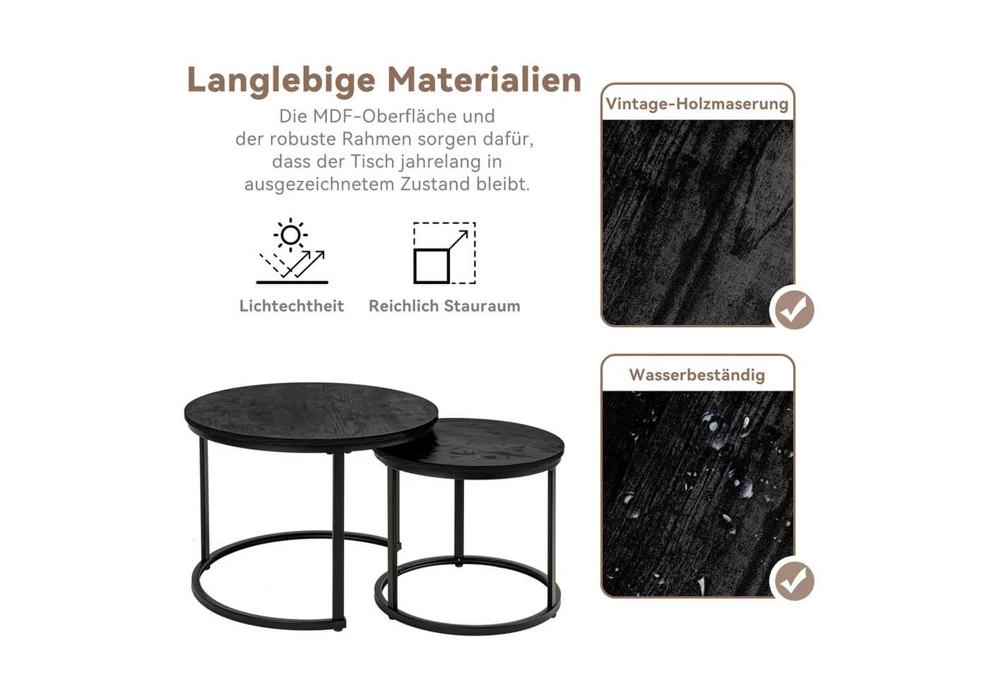 HawthyHome Couchtisch 2er-Set Runde Beistelltische Holz Metall Modern - Bild 5