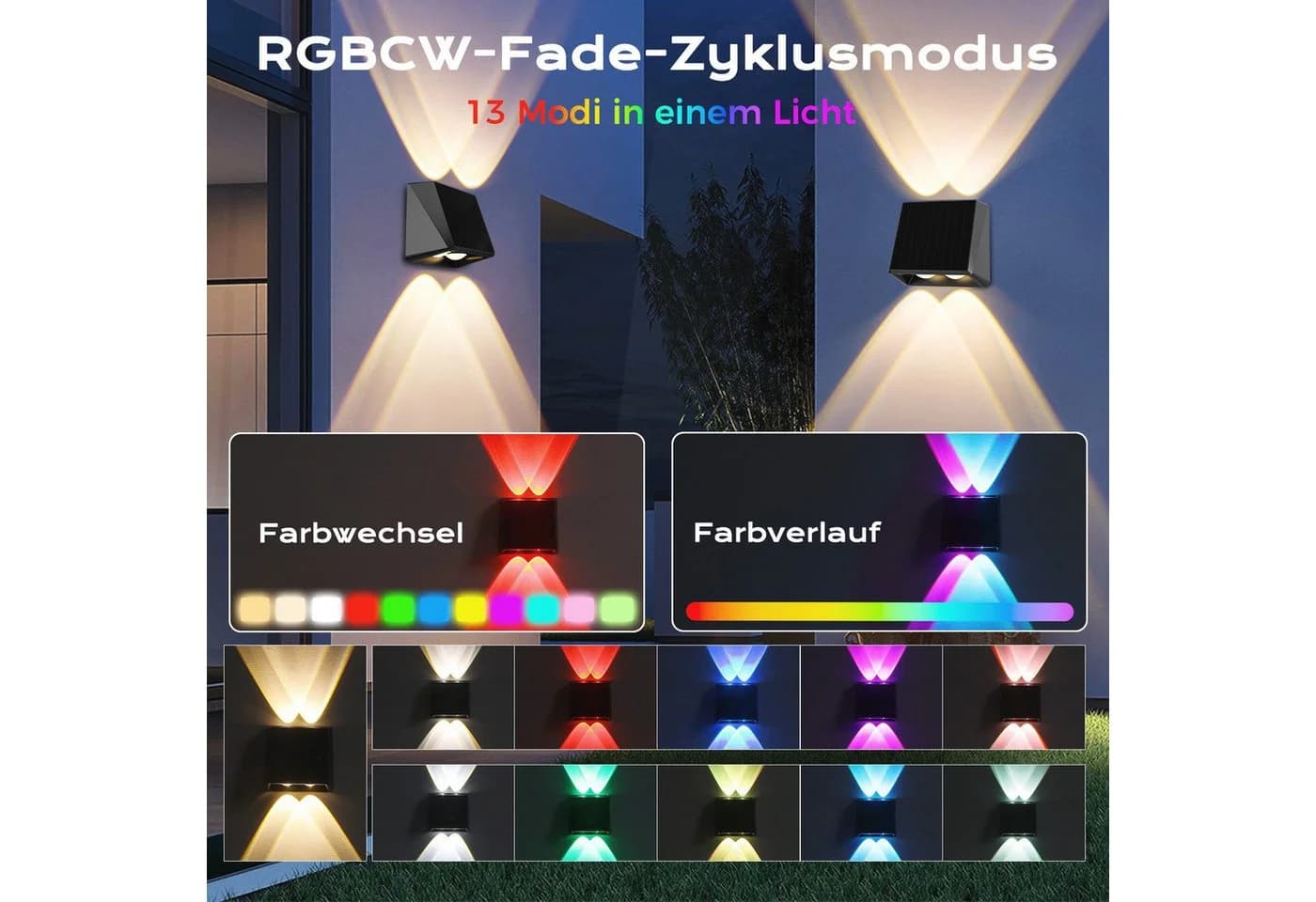 Quntis LED Solarleuchte 13 Beleuchtungsmodi Warmweiß RGB