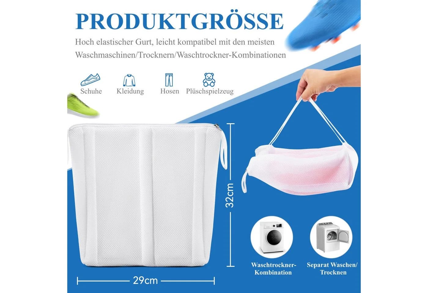 Elegear Wäschenetz Waschesäckchen für Schuhe 29x32 cm Weiß - Bild 4