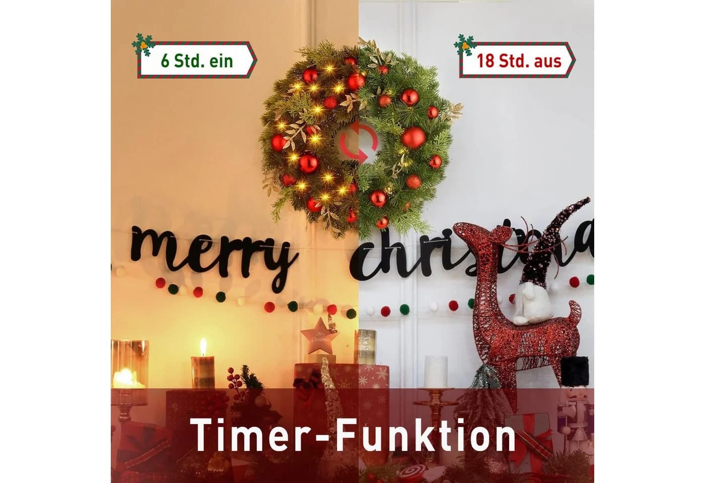 Elegear Türkranz Weihnachten 40cm mit 40 LEDs & roten Kugeln