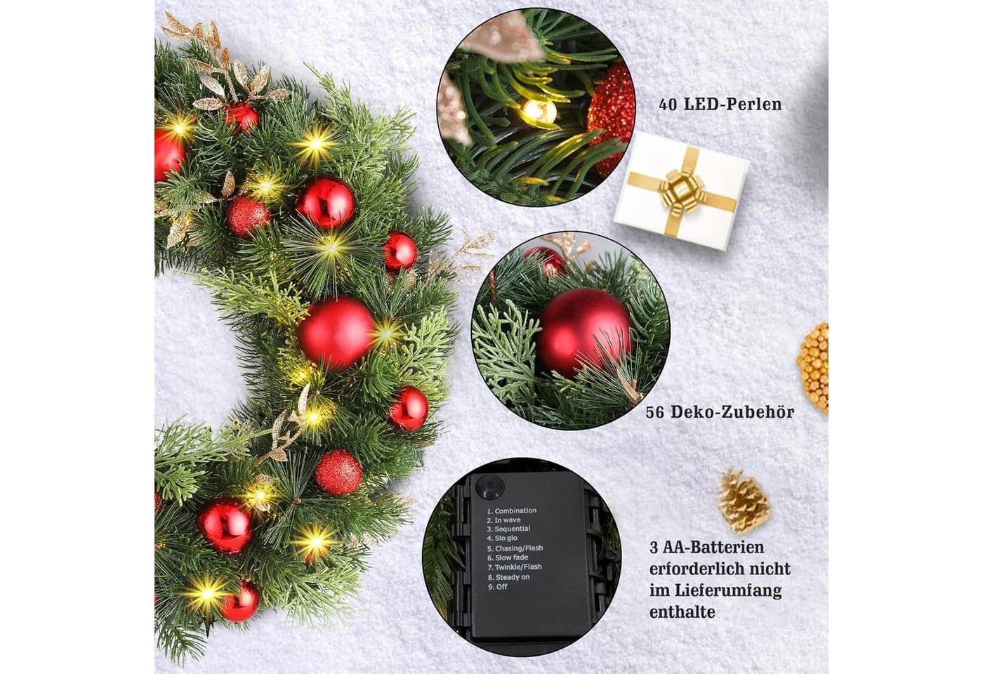 Elegear Türkranz Weihnachten 40cm mit 40 LEDs & roten Kugeln - Bild 3