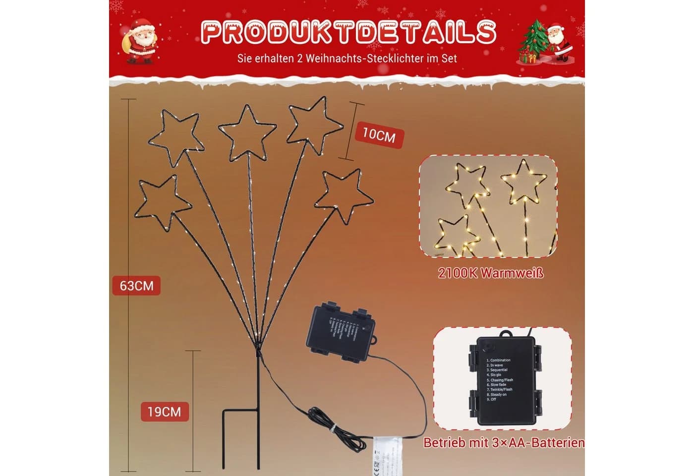 Elegear LED-Lichterkette Weihnachtsdeko Gartenstecker mit Timer, 104-flammig, 2er Set Warmweiß