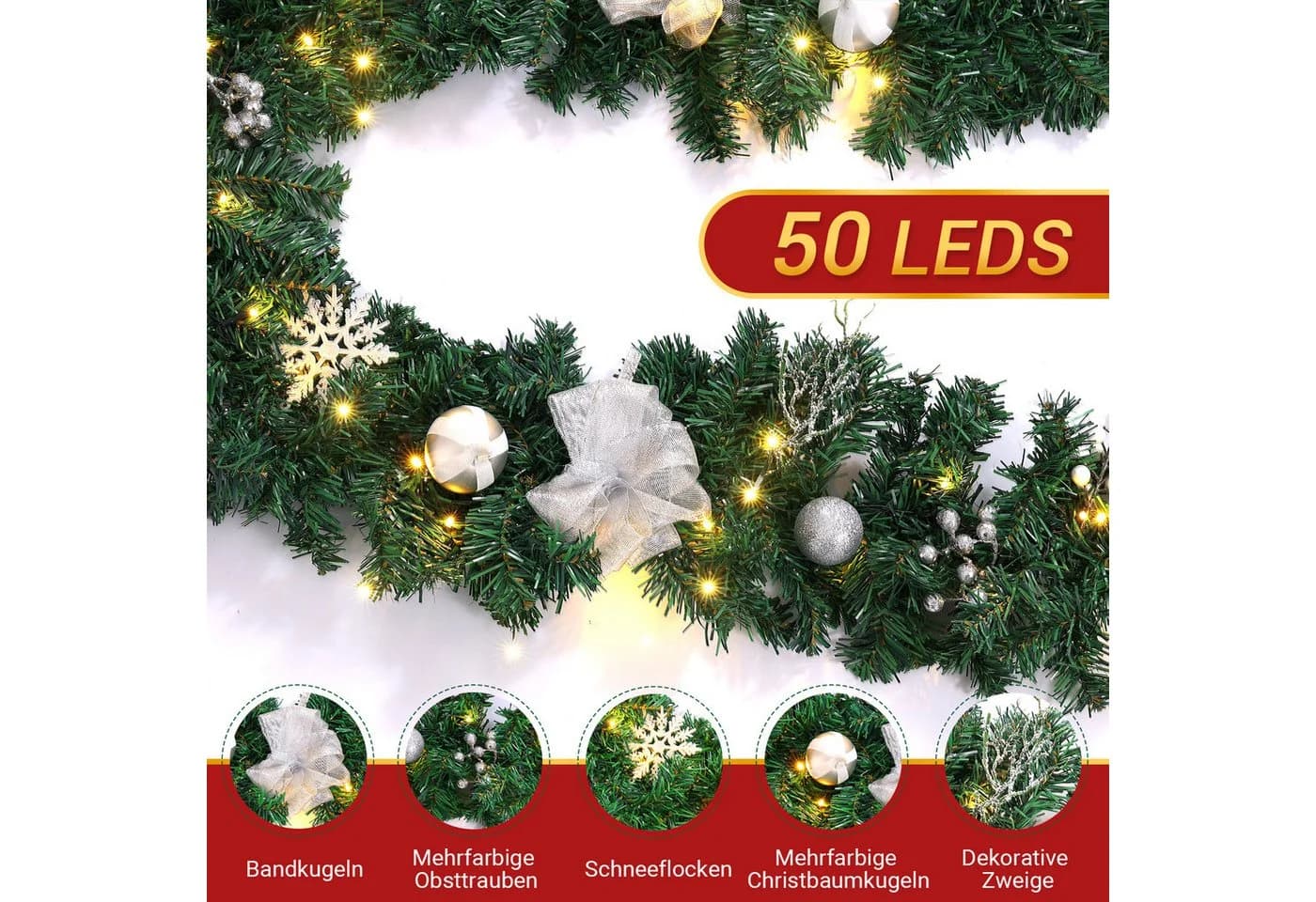 Elegear Weihnachtsgirlande 2,7m Silber/Weiß mit LEDs