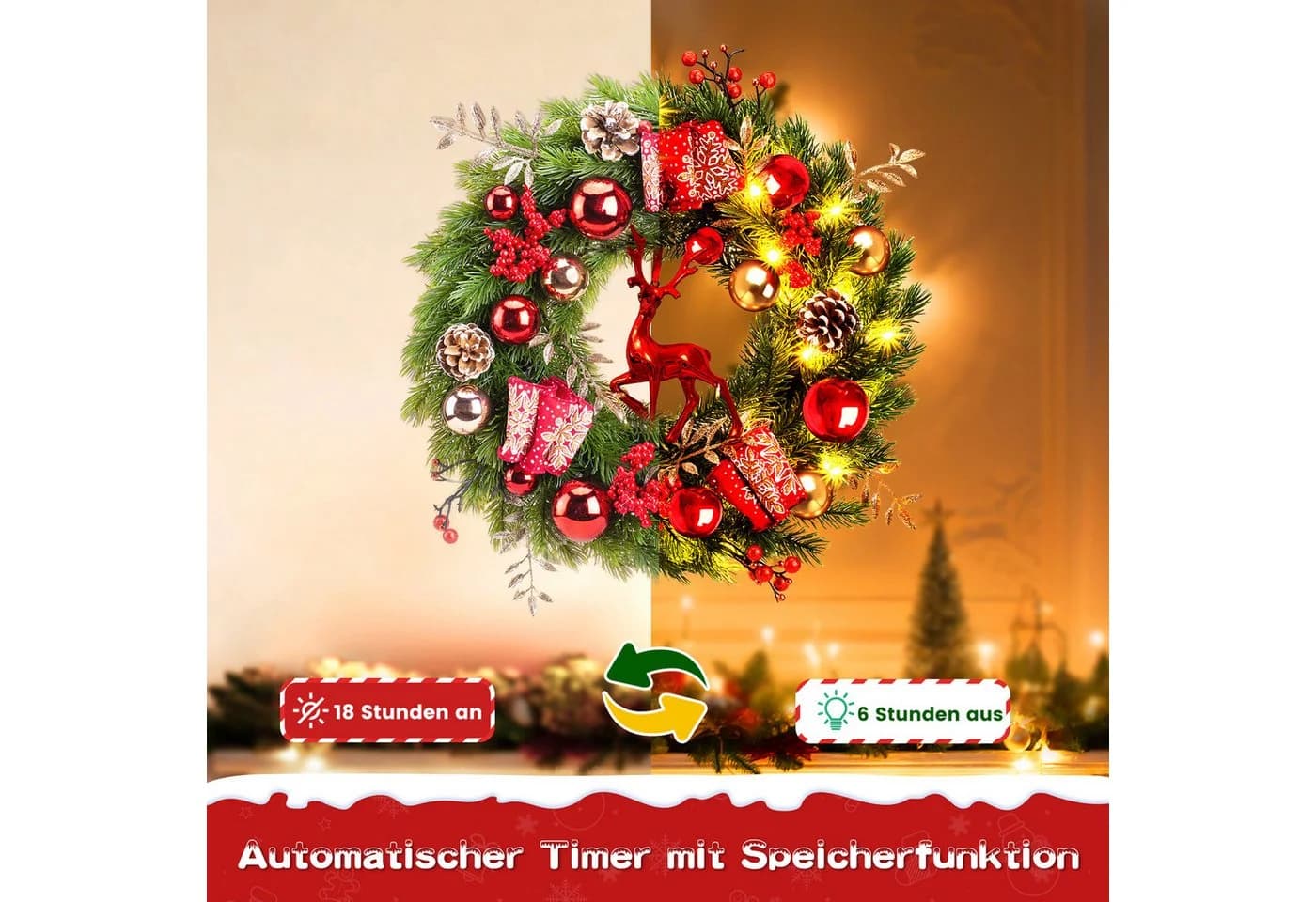 Elegear Weihnachtskranz 40cm mit Rentier LED-Lichterkette 8 Modi