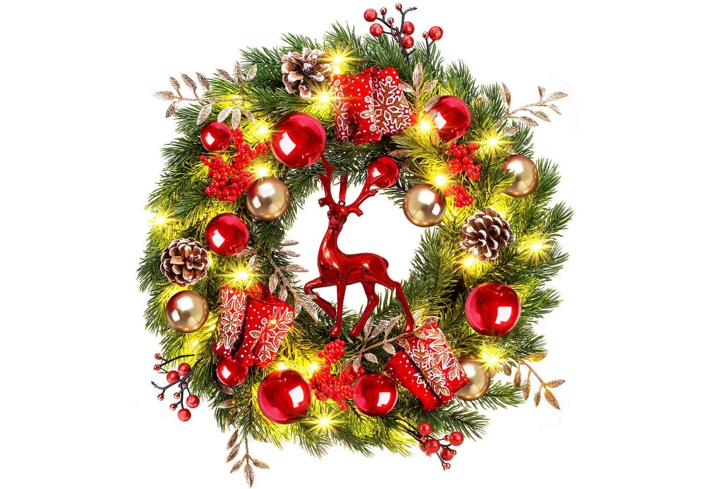 Elegear Weihnachtskranz 40cm mit Rentier LED-Lichterkette 8 Modi - Bild 2