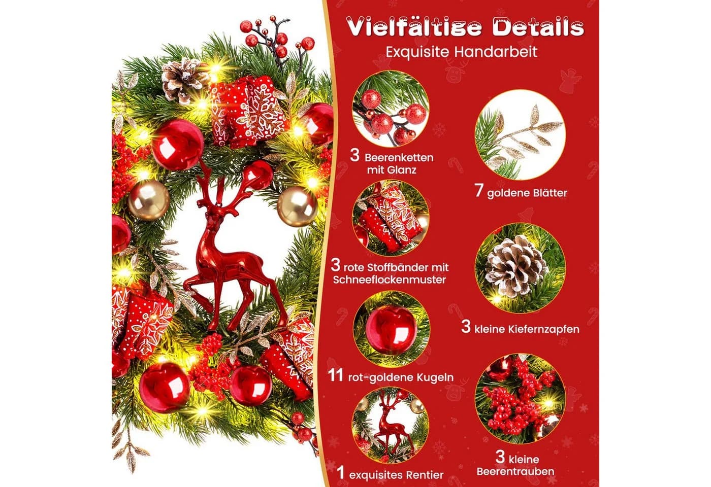 Elegear Weihnachtskranz 40cm mit Rentier LED-Lichterkette 8 Modi - Bild 3