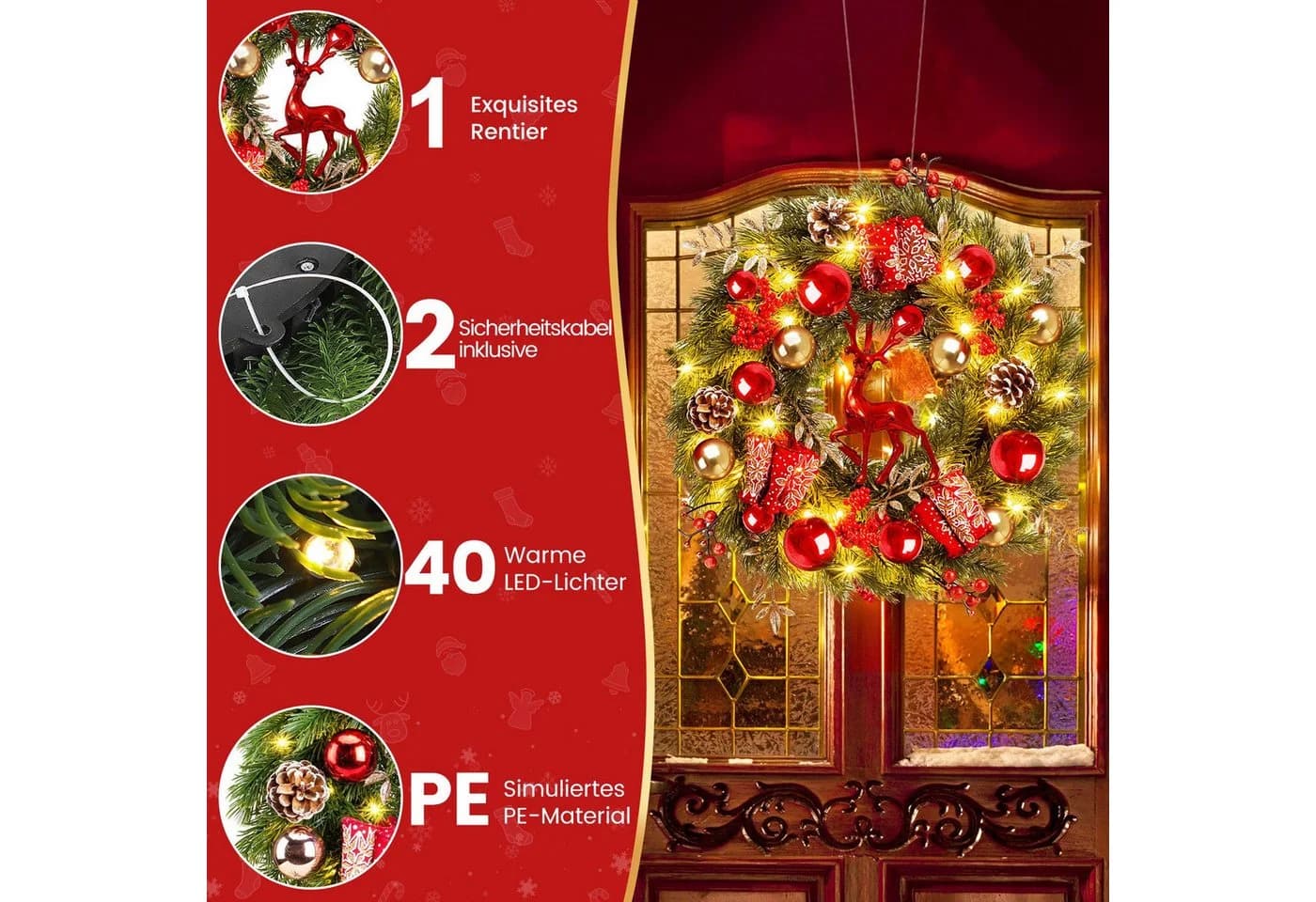 Elegear Weihnachtskranz 40cm mit Rentier LED-Lichterkette 8 Modi - Bild 4