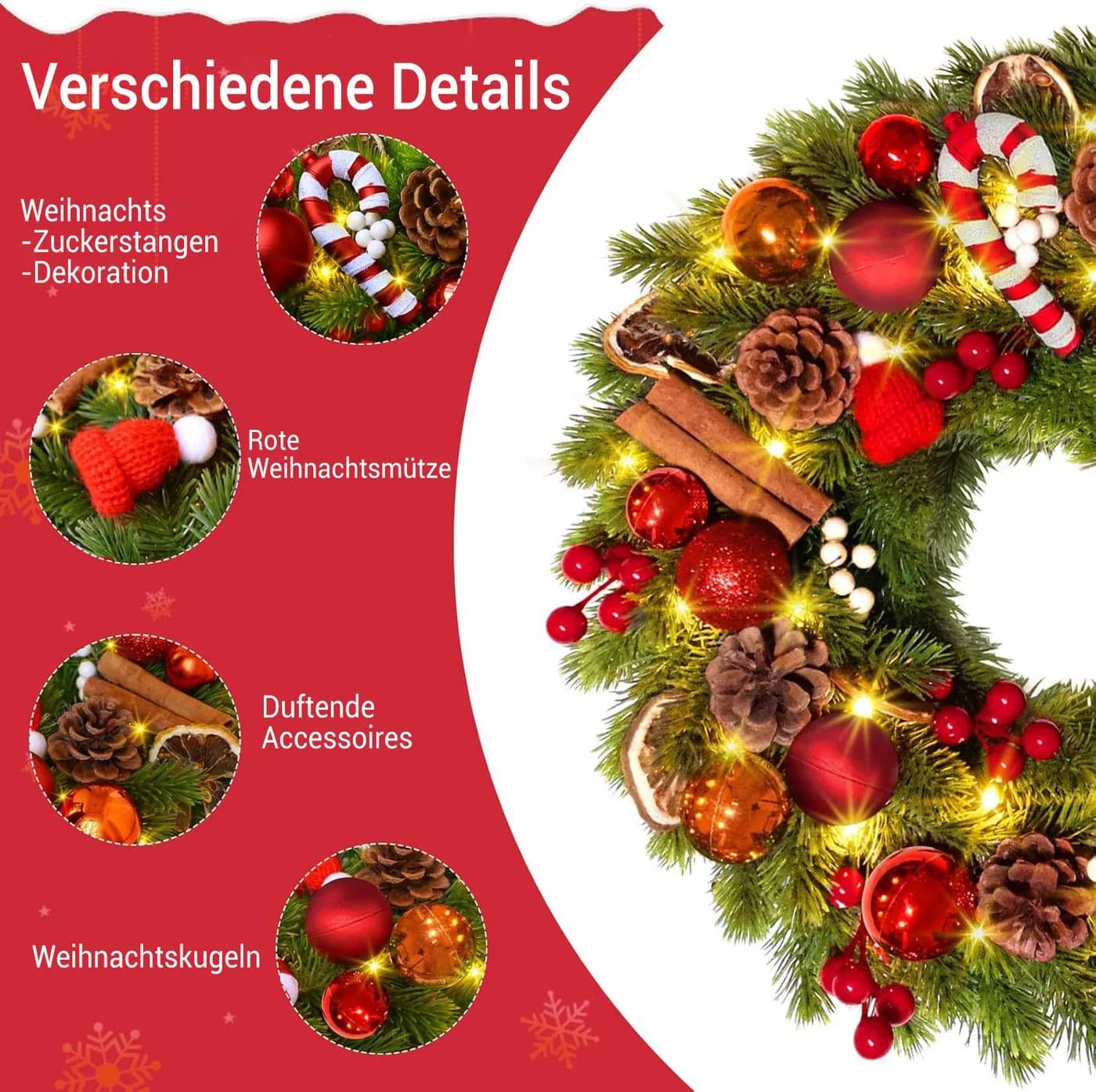 Elegear Kunstkranz Weihnachtsdeko 40cm Türkranz mit 40 LEDs - Bild 4