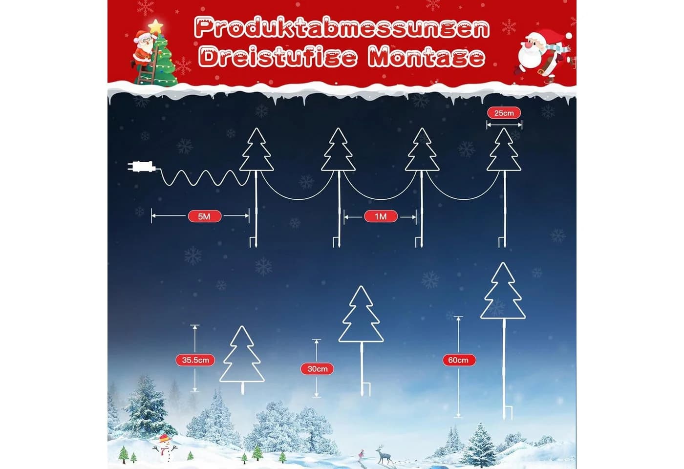Elegear LED-Lichterkette Weihnachtsdeko Gartenstecker mit Timer, 4er Set Weihnachtsbäume, 160 LEDs