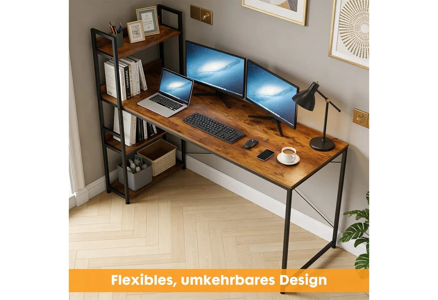 ANYSUN Schreibtisch mit Regalböden, Bürotisch Gamingtisch