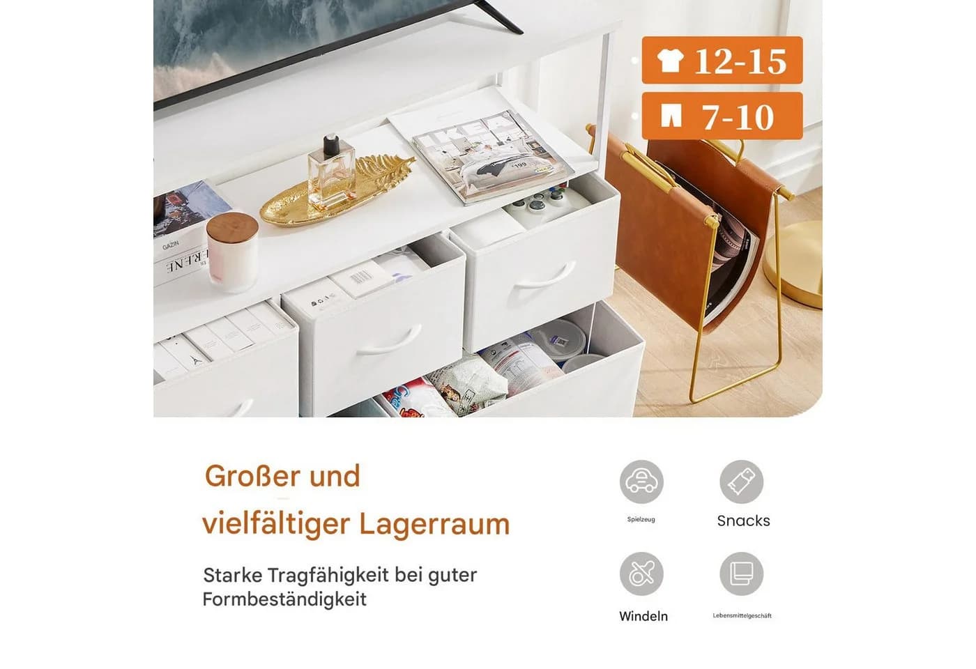 ANYSUN Kommode mit 5 Schubladen, Weiß, Stoff mit Metallrahmen - Bild 5