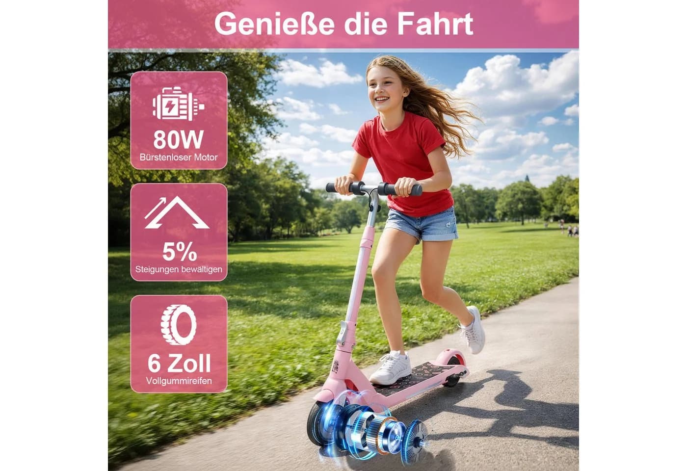 ANYSUN Elektro-Kinderroller Rosa Faltbar E-Scooter Höhenverstellbar