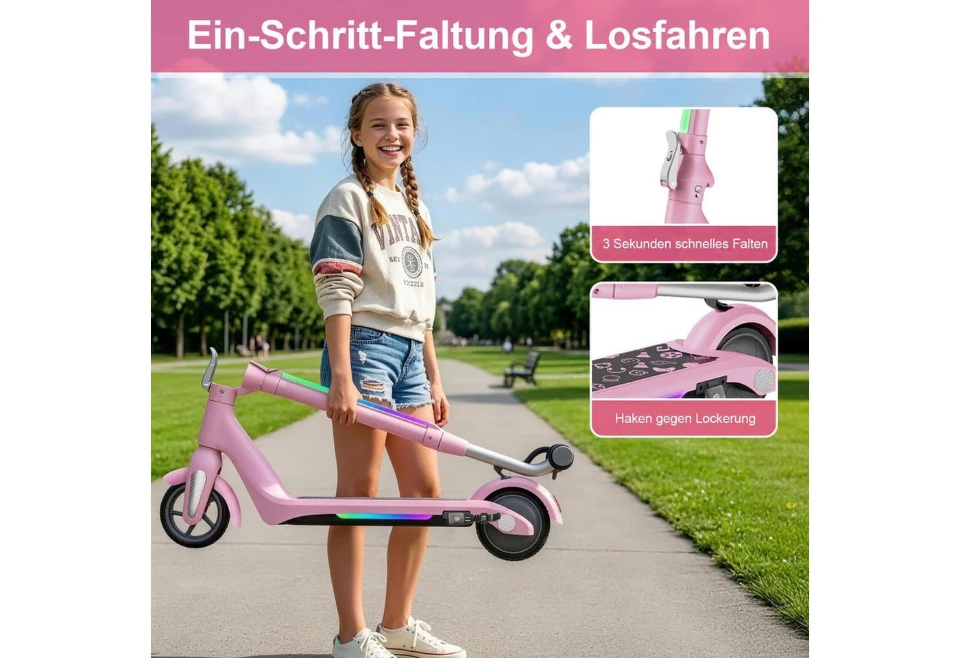 ANYSUN Elektro-Kinderroller Rosa Faltbar E-Scooter Höhenverstellbar - Bild 5