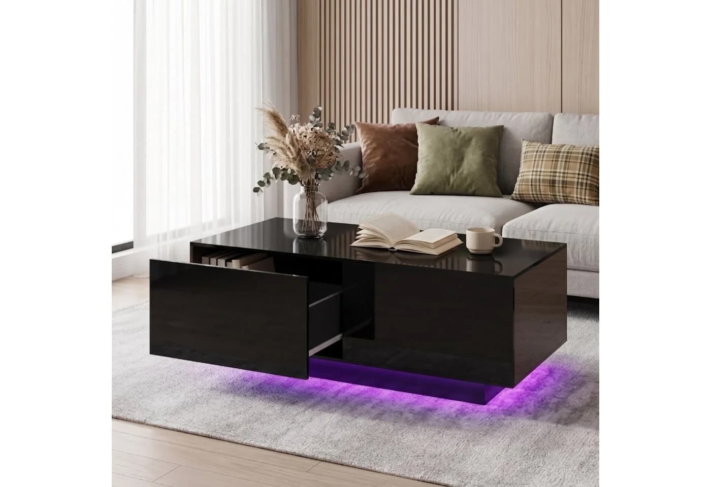 Hyaapwod Couchtisch Hochglanz Schwarz mit LED-Beleuchtung und Schubladen - Bild 2