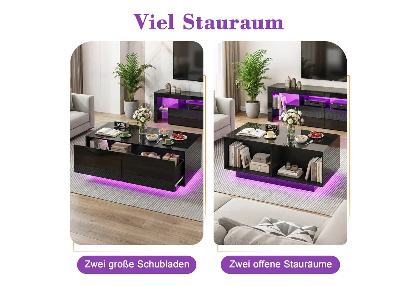 Hyaapwod Couchtisch Hochglanz Schwarz mit LED-Beleuchtung und Schubladen - Bild 4
