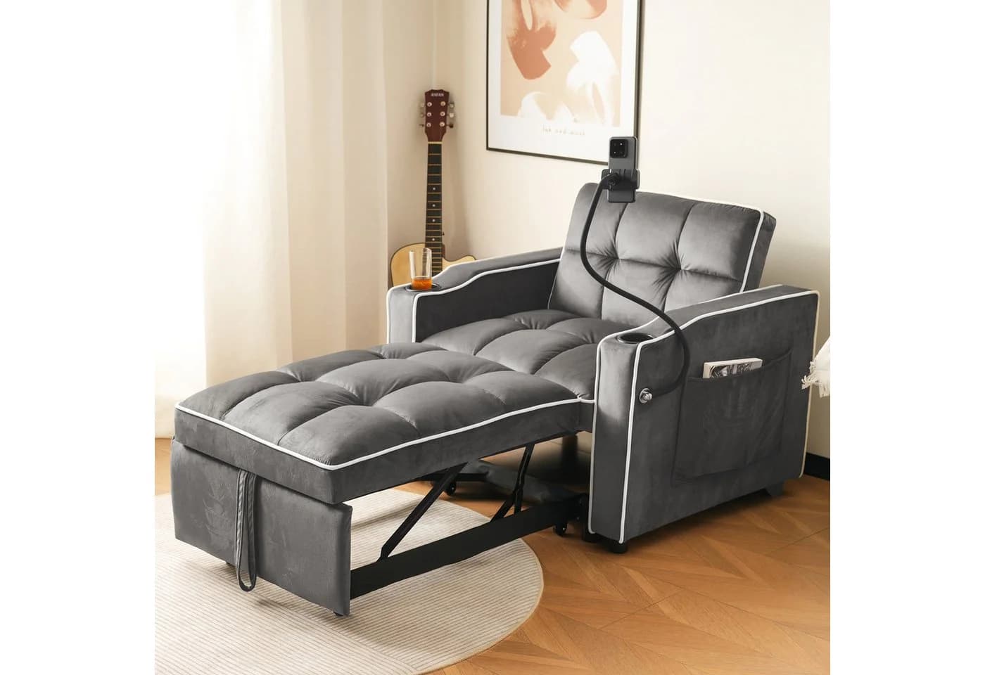 EXTSUD Schlafsofa 3-in-1 mit Getränkehalter grau