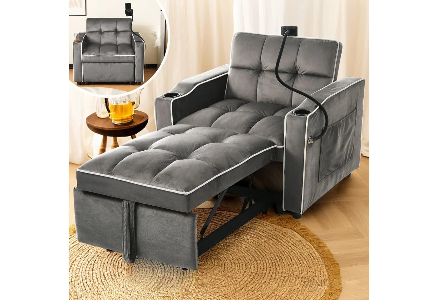 EXTSUD Schlafsofa 3-in-1 mit Getränkehalter grau - Bild 3