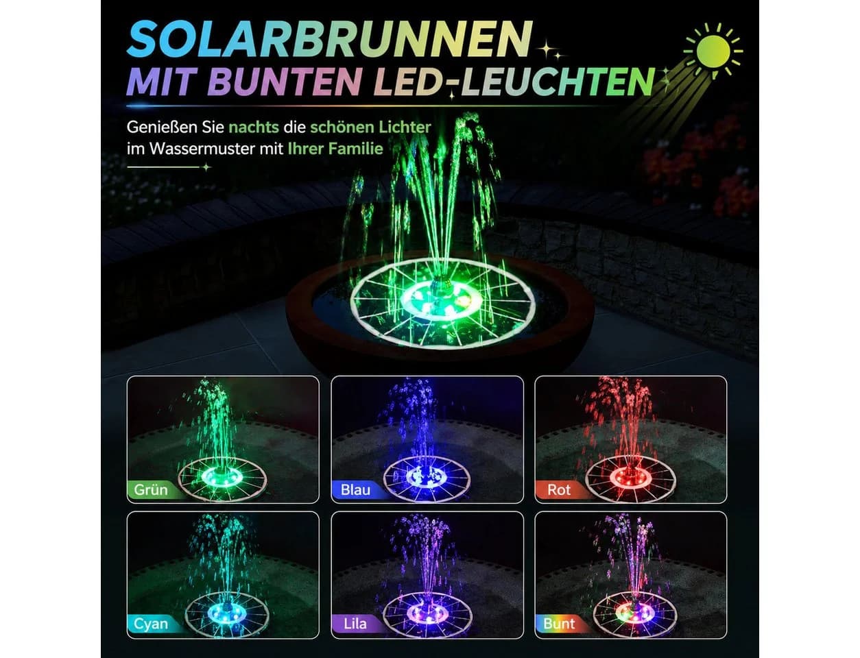 MOPUEA Solar Springbrunnen mit LED Licht & 8 Düsen
