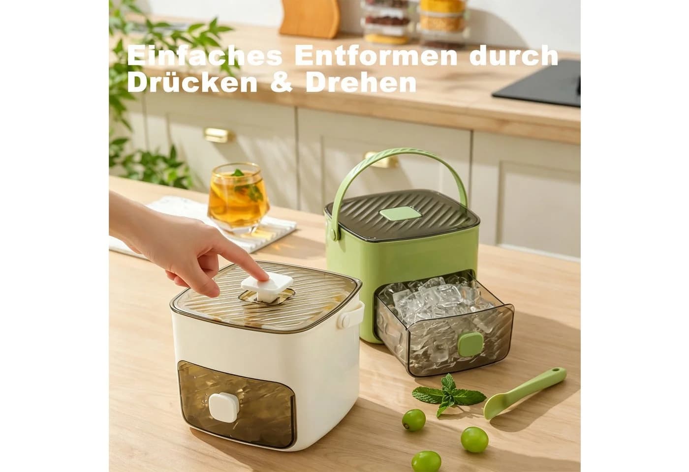 MOPUEA Eiswürfelbehälter mit Deckel Grün Weiß Stapelbar