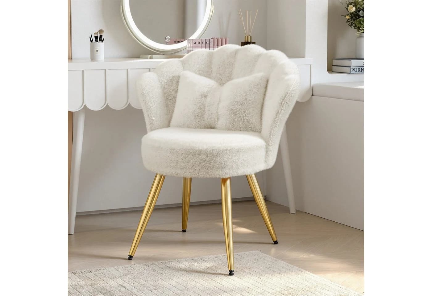 HawthyHome Polsterstuhl Samt Weiß/Rosa mit Goldbeinen und Kissen - Bild 2
