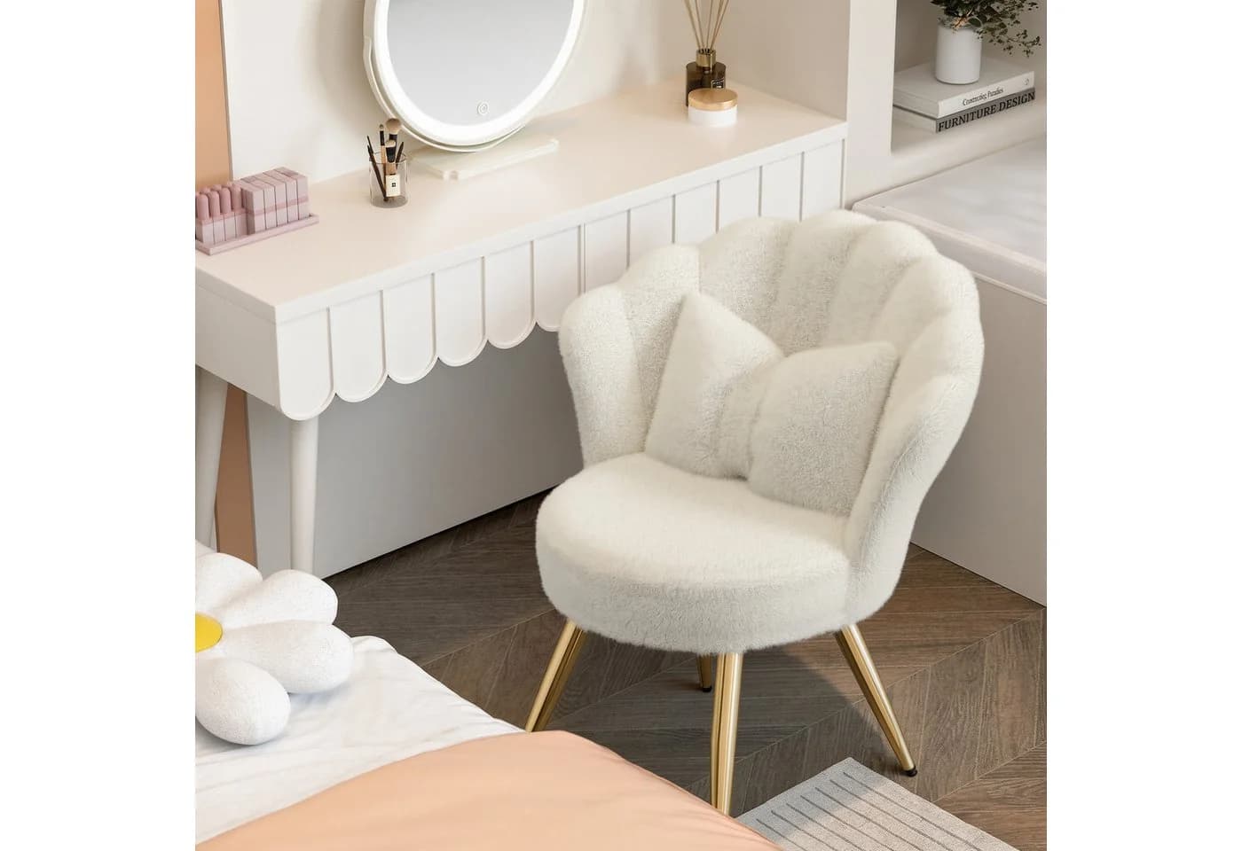 HawthyHome Polsterstuhl Samt Weiß/Rosa mit Goldbeinen und Kissen - Bild 5