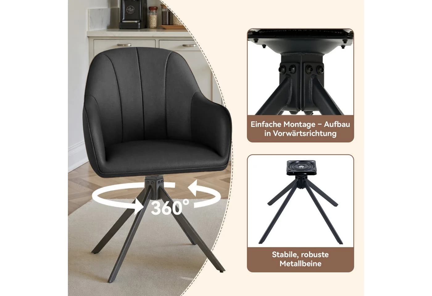 HawthyHome Esszimmerstuhl 4er-Set Beige mit Armlehnen und 360° Drehfunktion - Bild 4