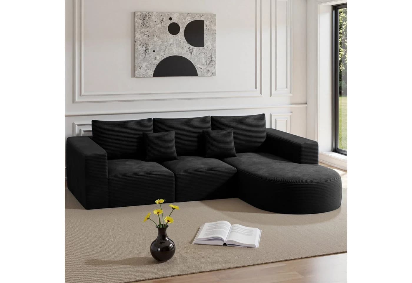 HawthyHome Cloud-Cord Ecksofa L-Form Schwarz Cordstoff - Bild 2