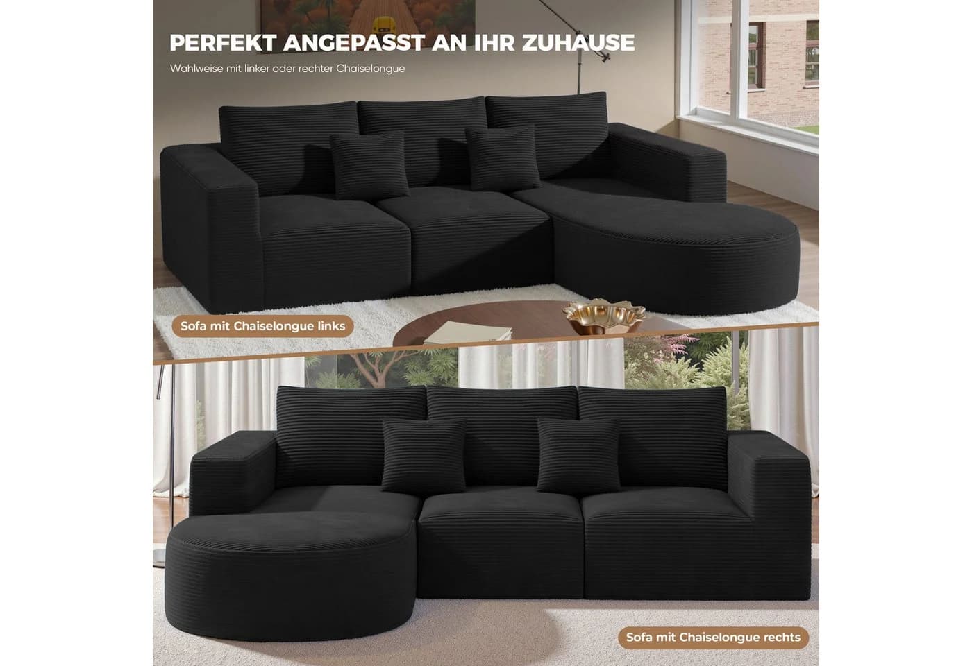 HawthyHome Cloud-Cord Ecksofa L-Form Schwarz Cordstoff - Bild 5