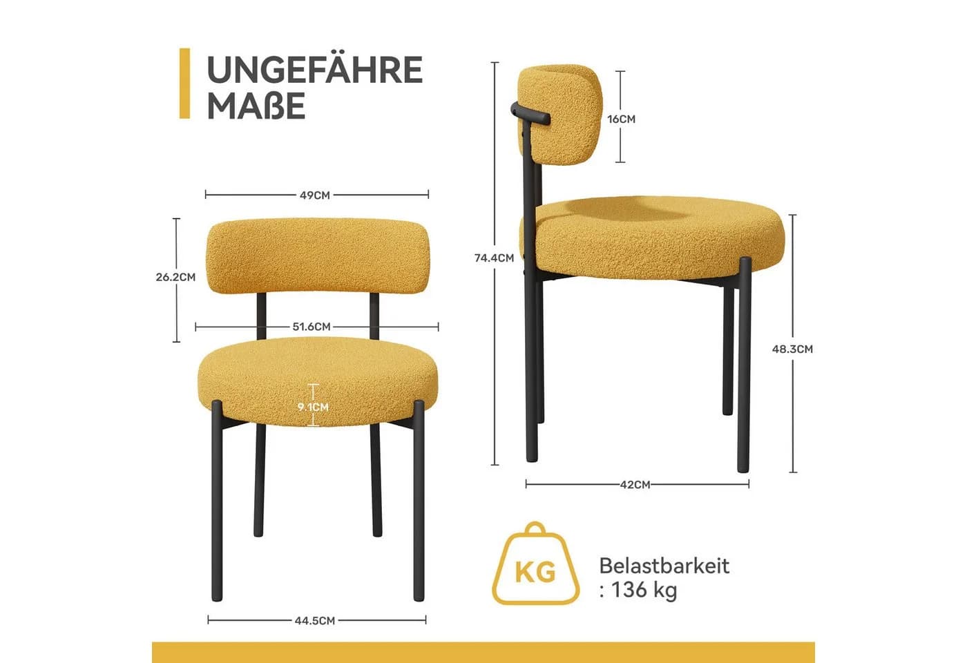 HawthyHome Esszimmerstuhl Runder Polsterstuhl Schwarz/Weiß/Grau/Gelb