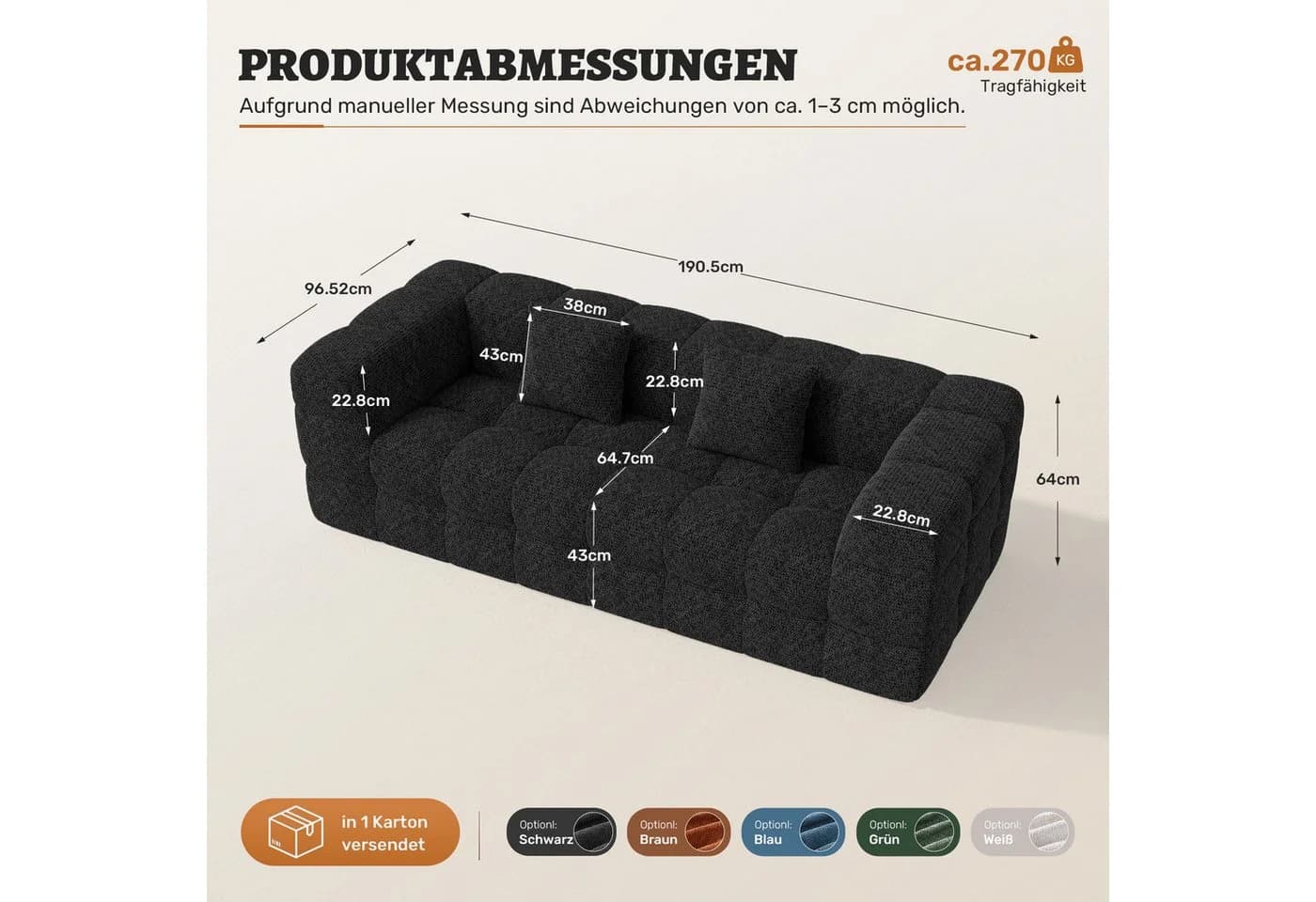 HawthyHome Sofa 2-3 Sitzer Chenille Modern Schwarz