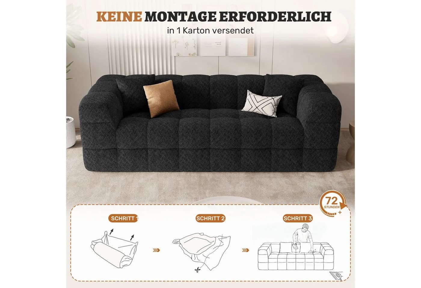HawthyHome Sofa 2-3 Sitzer Chenille Modern Schwarz - Bild 5