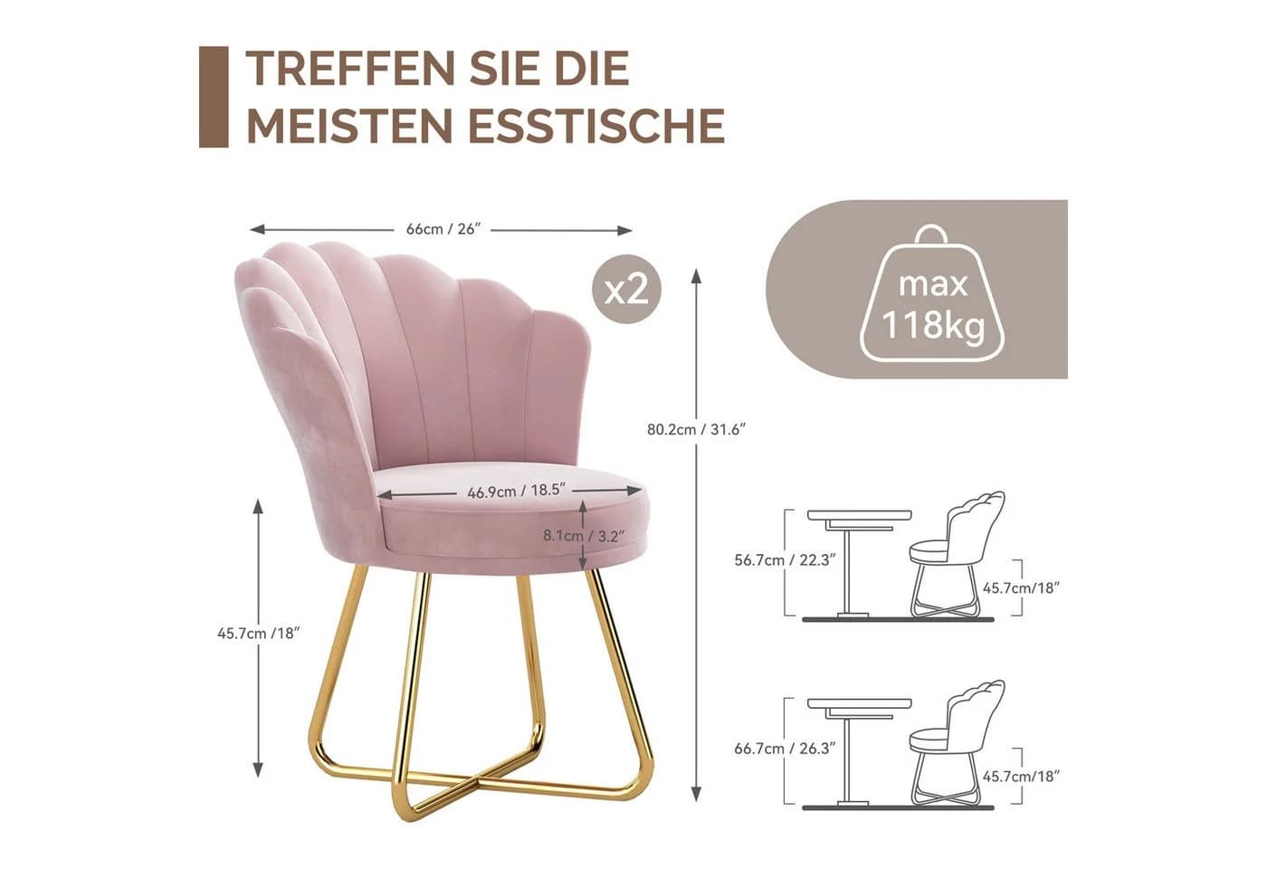 HawthyHome Polsterstuhl Rosa Samt Muschelrückenlehne Goldene Metallbeine