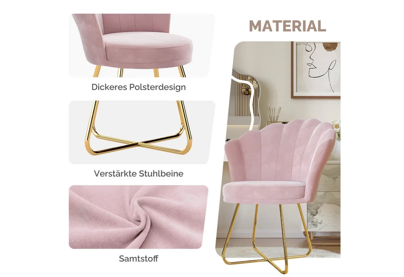 HawthyHome Polsterstuhl Rosa Samt Muschelrückenlehne Goldene Metallbeine - Bild 5