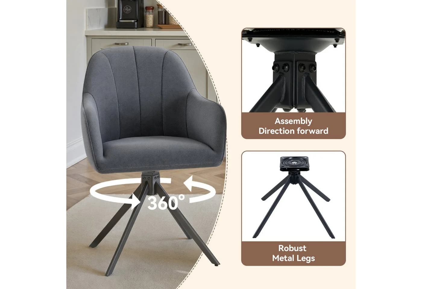 HawthyHome Polsterstuhl 360° drehbar mit Armlehne Grau Samt - Bild 4