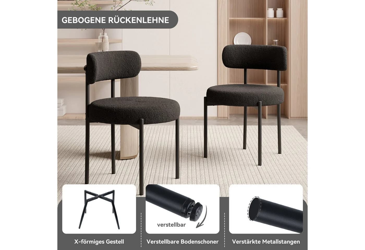 HawthyHome Esszimmerstuhl Teddy Stoff Runde Boucle Stühle Polsterstuhl mit Metallgestell 4er Set - Bild 5