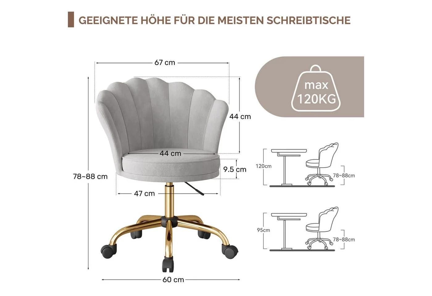 HawthyHome Bürostuhl Schreibtischstuhl Blütenrückenlehne Grau Samt Ergonomisch