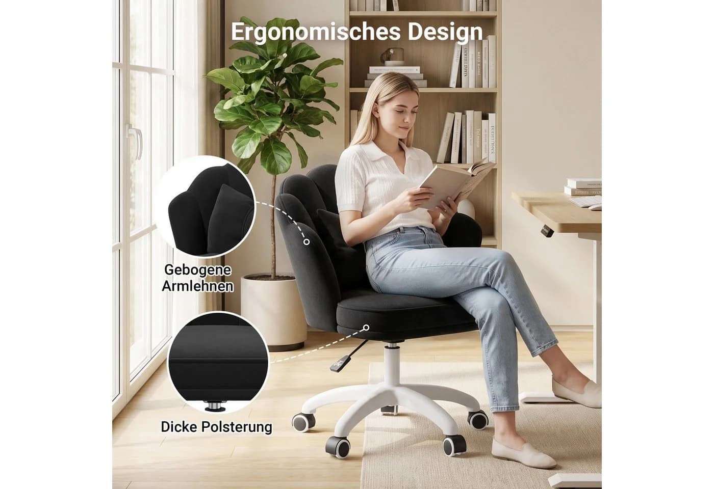HawthyHome Bürostuhl Samt Beige mit Kissen & Rollen - Bild 5