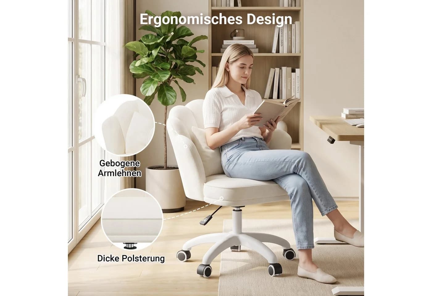 HawthyHome Bürostuhl Samt Beige Höhenverstellbar 360° Drehbar - Bild 5