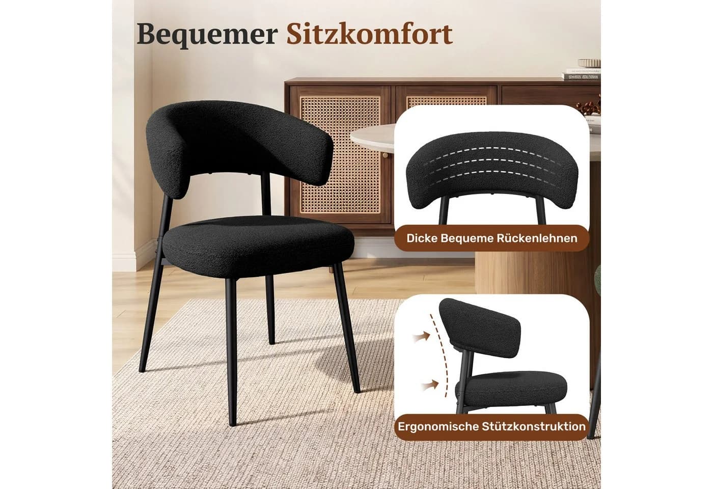 HawthyHome Esszimmerstuhl Schwarz Bouclé-Bezug Metallbeine - Bild 5
