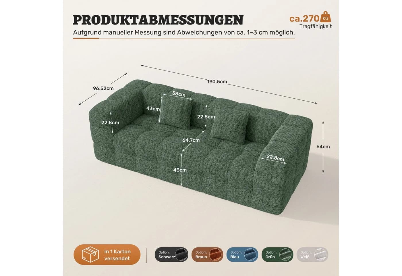 HawthyHome Sofa 2-3 Sitzer Grün Chenille Modern - Bild 1
