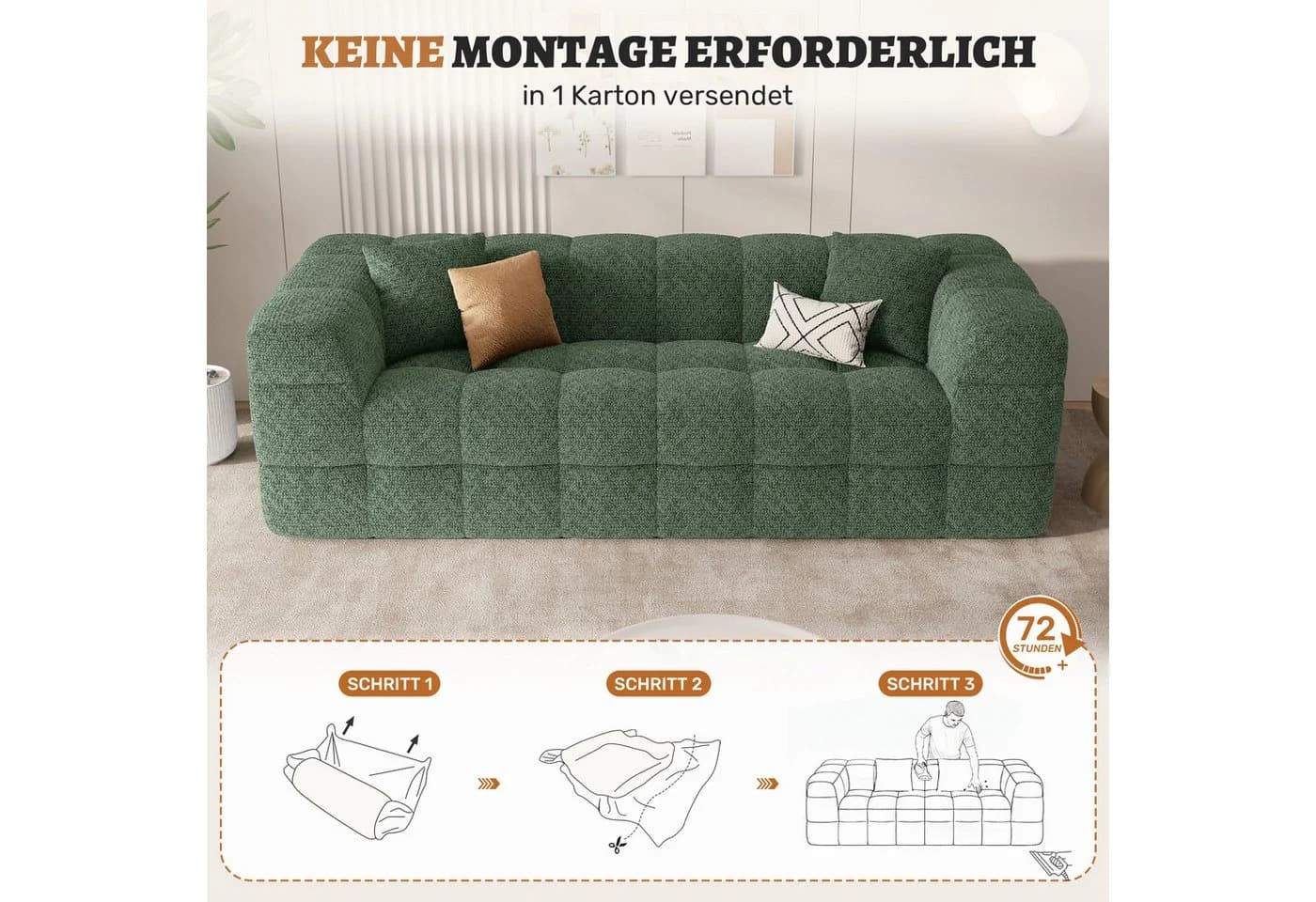 HawthyHome Sofa 2-3 Sitzer Grün Chenille Modern - Bild 5