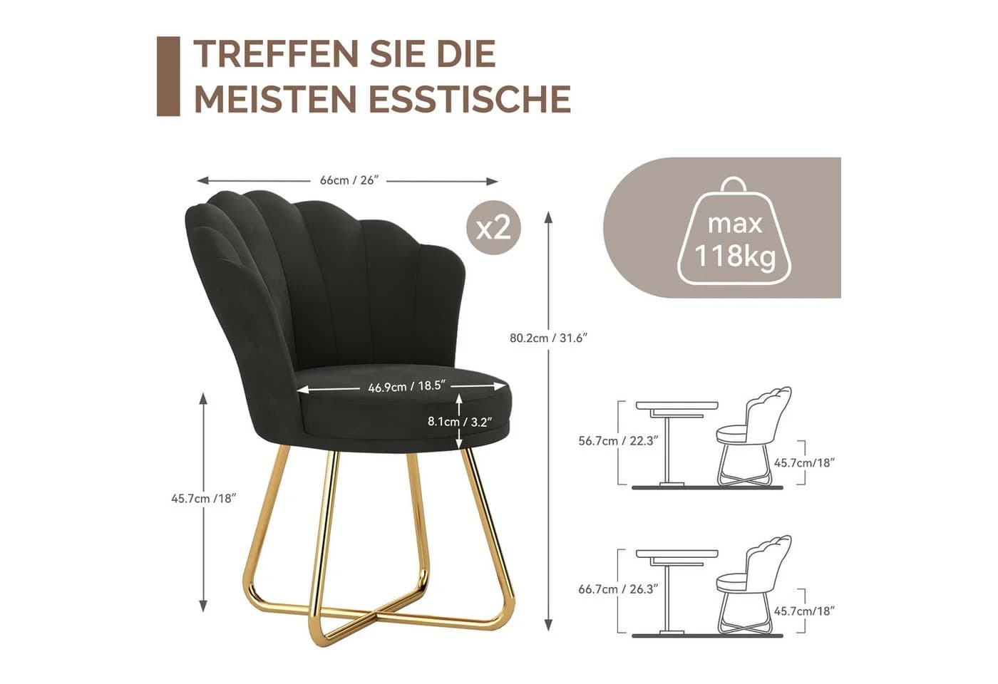 HawthyHome Polsterstuhl mit Blütenblatt-Rückenlehne & Goldene Metallbeine (2 St)
