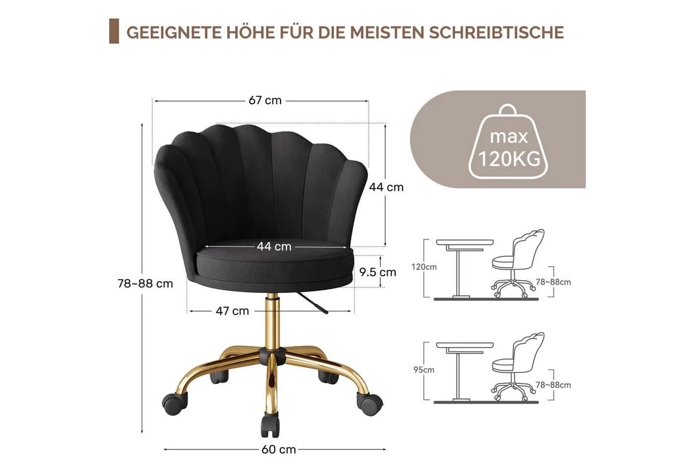 HawthyHome Bürostuhl Schreibtischstuhl Blütenrückenlehne Samt Schwarz