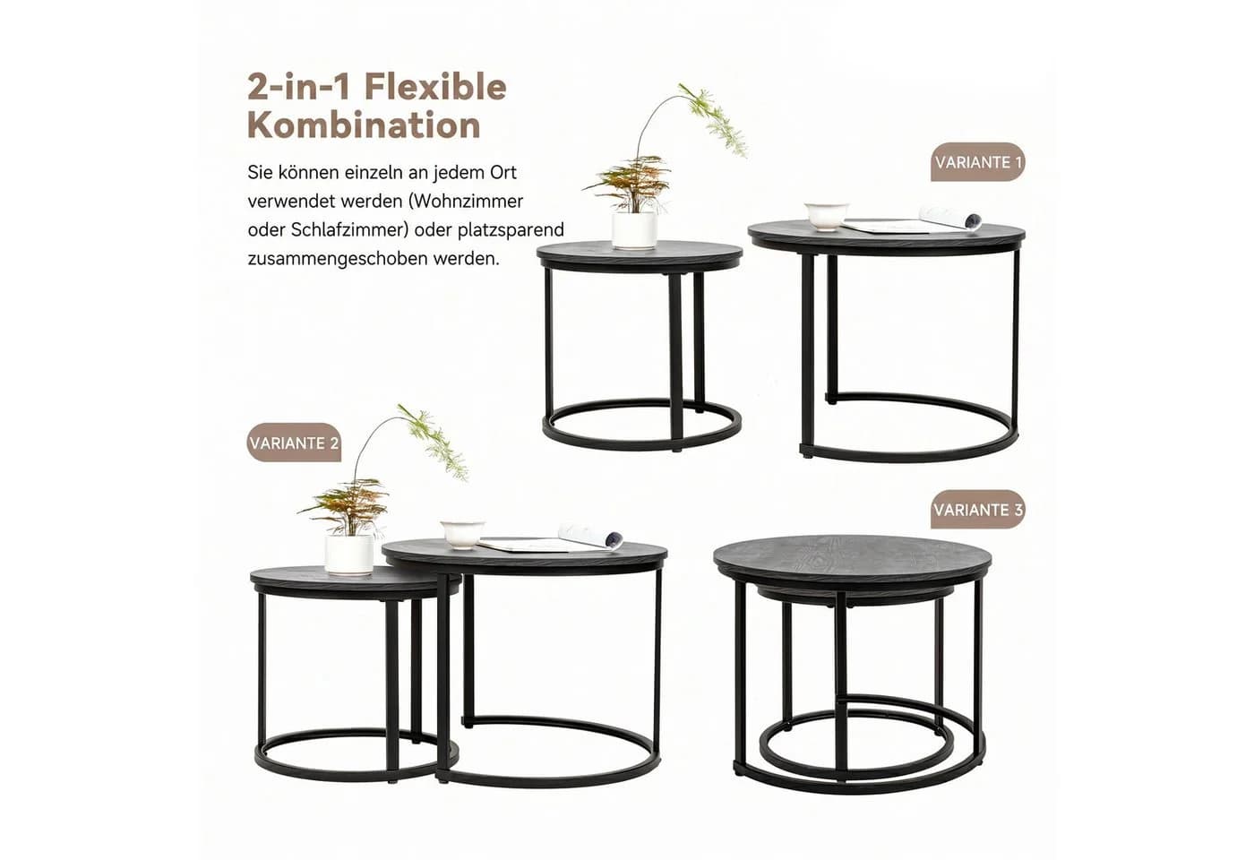 HawthyHome Couchtisch 2er-Set Grau Massivholz & Metall - Bild 3